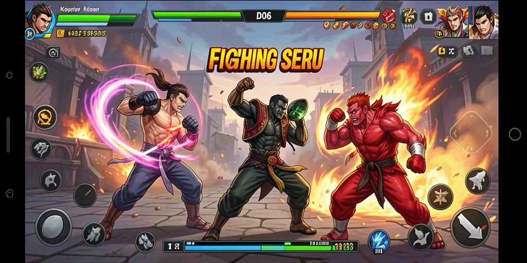 Screenshot D06 menunjukkan karakter sedang bertarung di arena yang penuh aksi.