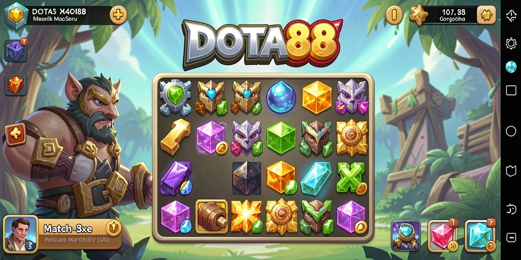 Tampilan gameplay DOTA88 yang menampilkan kombinasi permata Match-3.