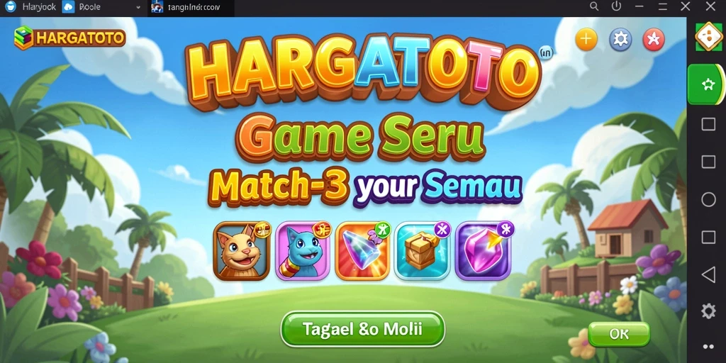 Screenshot menunjukkan gameplay seru HARGATOTO dengan kombinasi balok warna-warni.