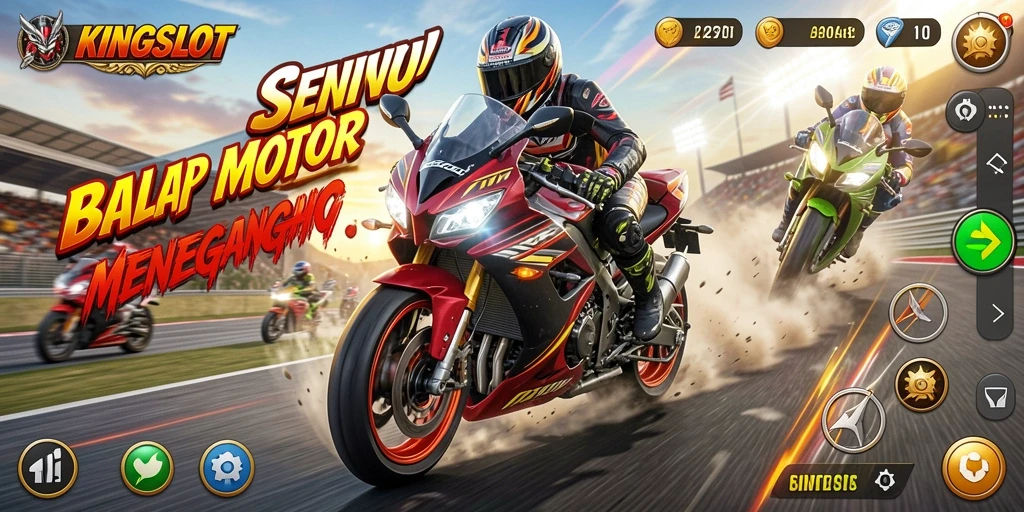 Screenshot gameplay KINGSLOT dengan aksi balapan yang menegangkan.