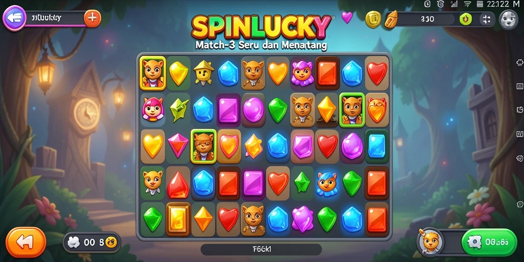 Screenshot menunjukkan gameplay Match-3 yang penuh warna dan tantangan.
